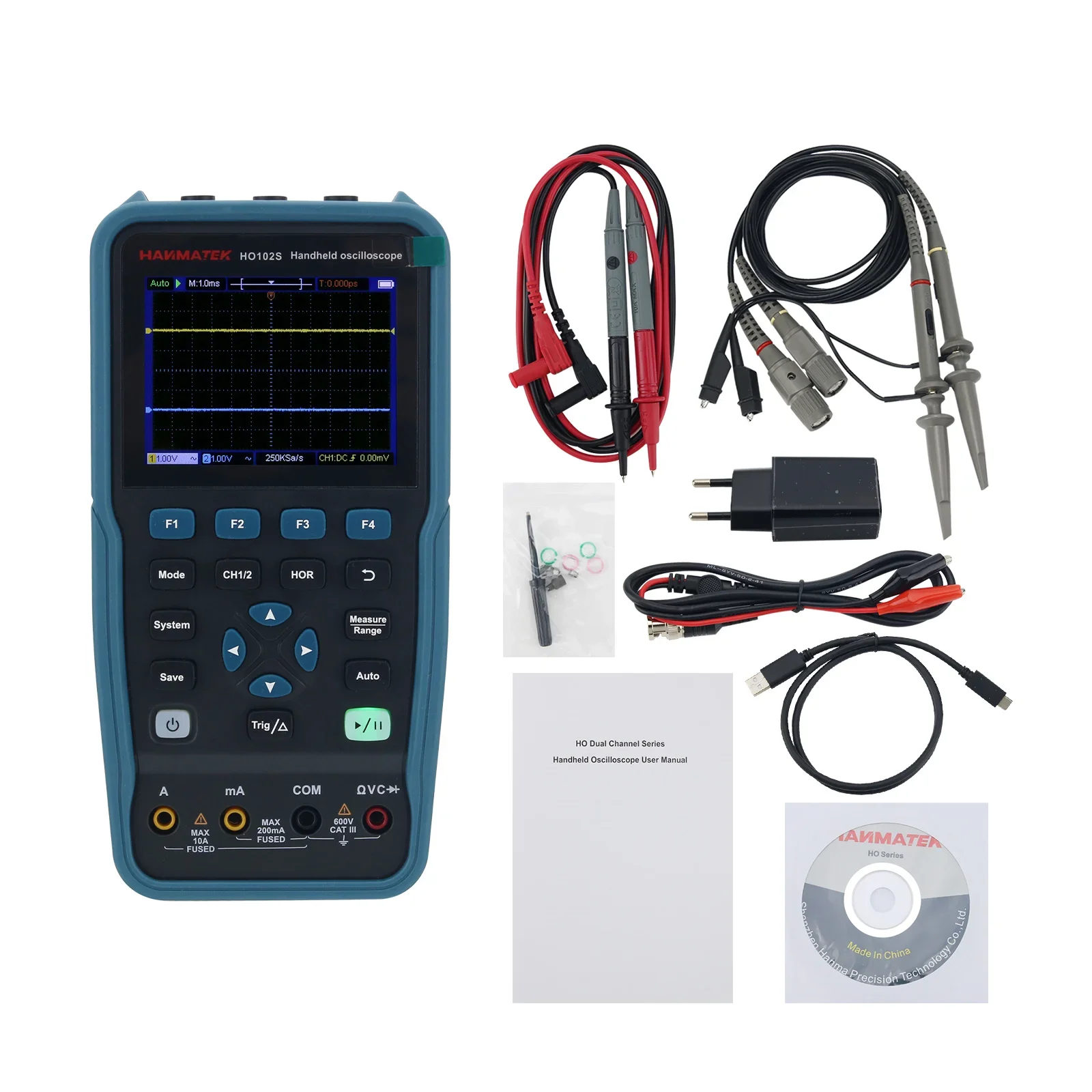 HO102/HO102S 100M Digital Oscilloscope 3 in 1 Dual Channel Portable Oscilloscope with Built-in Multimeter Function