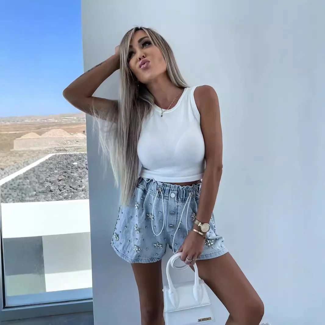 Y2K 2023 Sommer Neue Casual Fashion Cargo-Shorts Temperament Pendeln Strass Herz Muster Kordelzug Trend Denim Shorts