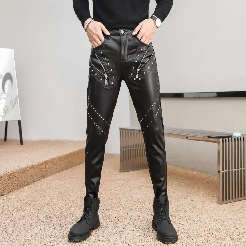 2025 New Arrived Skinny Biker Leather Pants Mens New Faux Leather Biker Trousers for Male Trouser Stage Club Wear