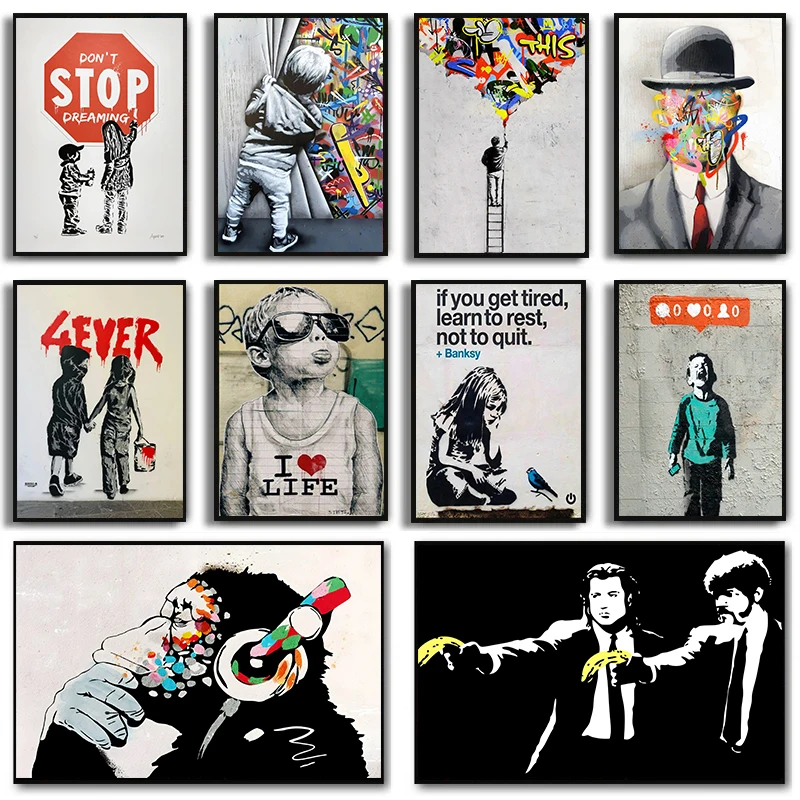 Banksy Street Graffiti Decorative Canvas Painting Girl with Balloon Follow Your Dreams Monkey Art Poster Prints Room Wall Decor