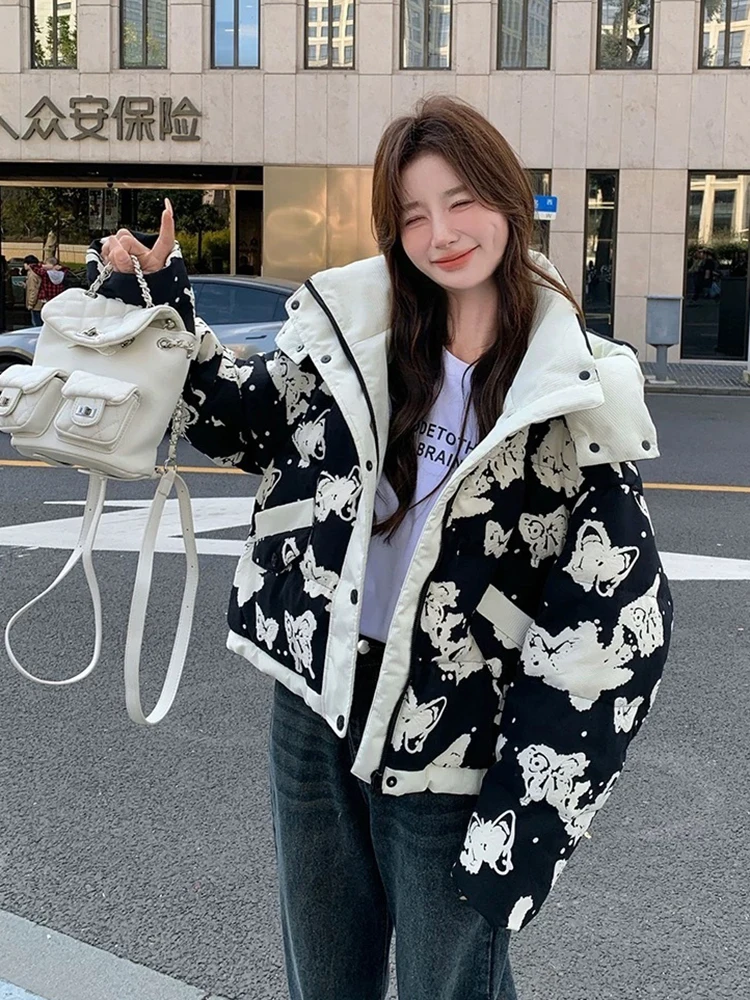 

Winter Print Butterfly Hooded Parker Down Jacket Women White Duck Down Patchwork Jackets Coat Female Zipper Warm Thick Outwears