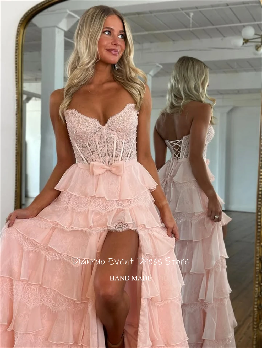 فساتين سهرة مكشكشة باللون الوردي من Dianruo أنيقة على شكل قلب رداء رسمي للسهرة أنيقة بفتحة عالية فيستدوس دي نويت مخصصة #2