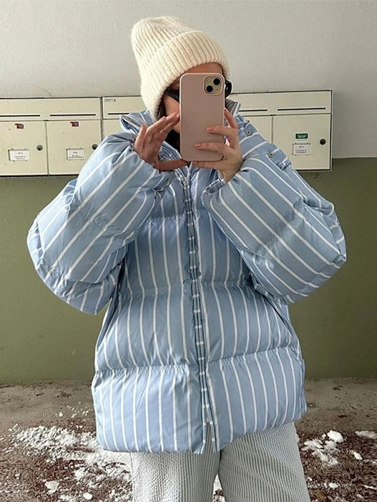 

Новая полосатая женская зимняя стеганая куртка с капюшоном на молнии и длинными рукавами, новинка 2025, повседневное женское пальто, шикарная свободная верхняя одежда
