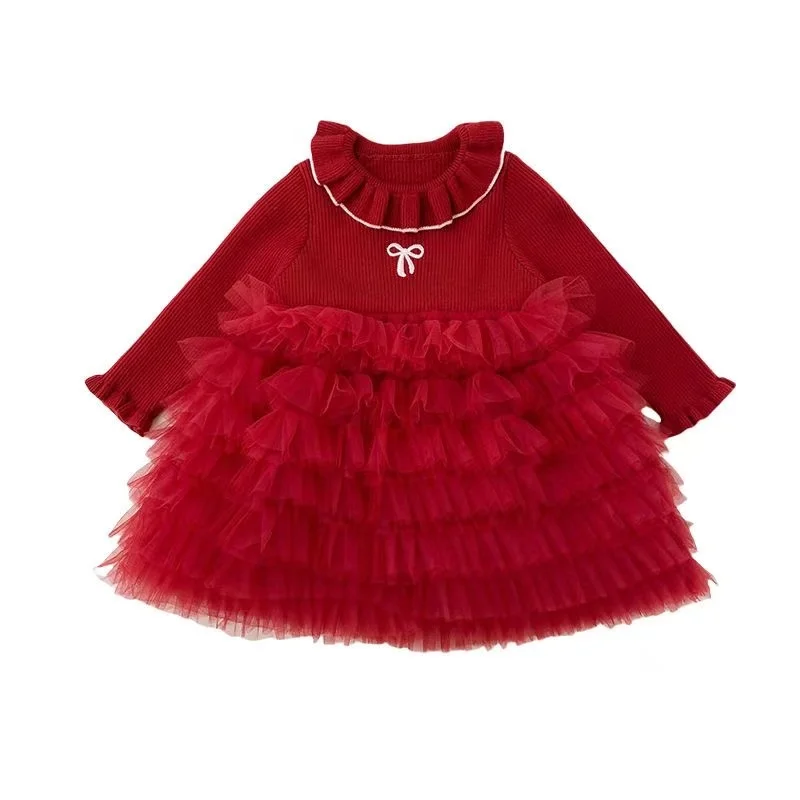 1-7 سنوات فستان الفتيات أنيق القوس مزين محبوك المرقعة فستان الأميرة للسيدات الصغيرات في نسيج شبكي من الصوف 80-140 سنتيمتر