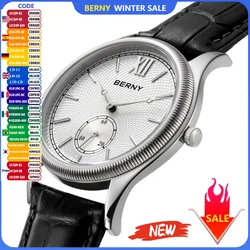 BERNY Men's Watches Luxury Classic Stylish Dress Quartz Watch Ultra-Thin Stainless Steel Case Elegance Leather Strap Wristwatch