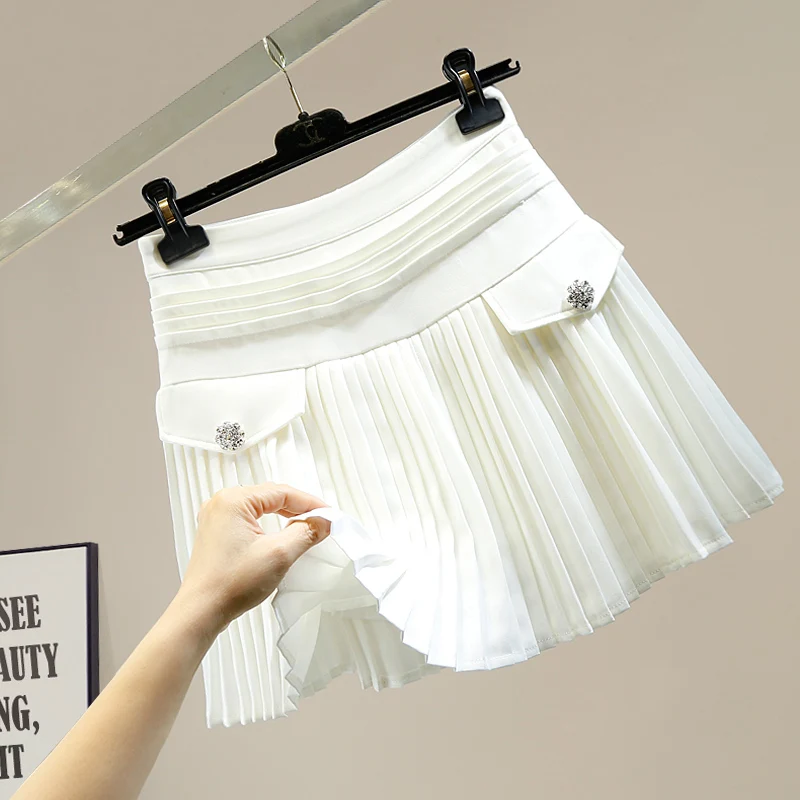 

Korean Sle High Waist A-Line Skirt with Fake kets Heavy Embelliment Anti-Light Folding Design Women's Skirt