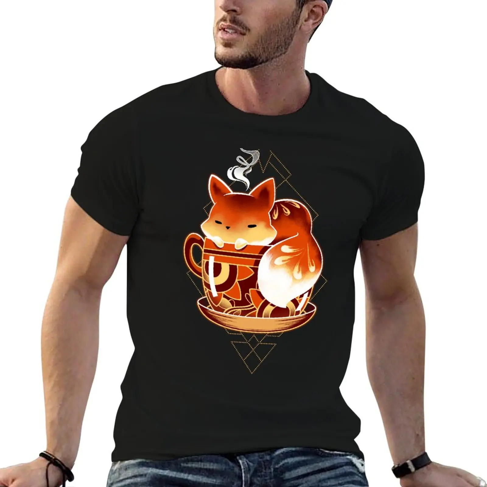 Cup of Fox - Cute Coffee Animal T-Shirt Big Size Crew Neck T-Shirt