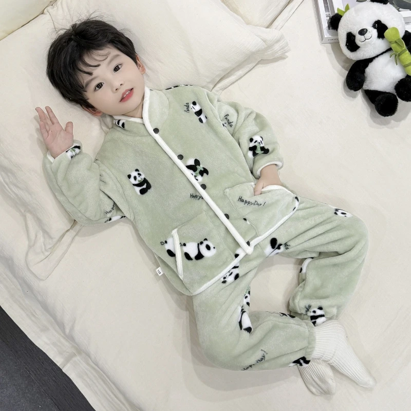 طقم بيجامة من الفلانيل للأطفال، ملابس نوم شتوية من الصوف المرجاني الفاخر للأولاد والبنات