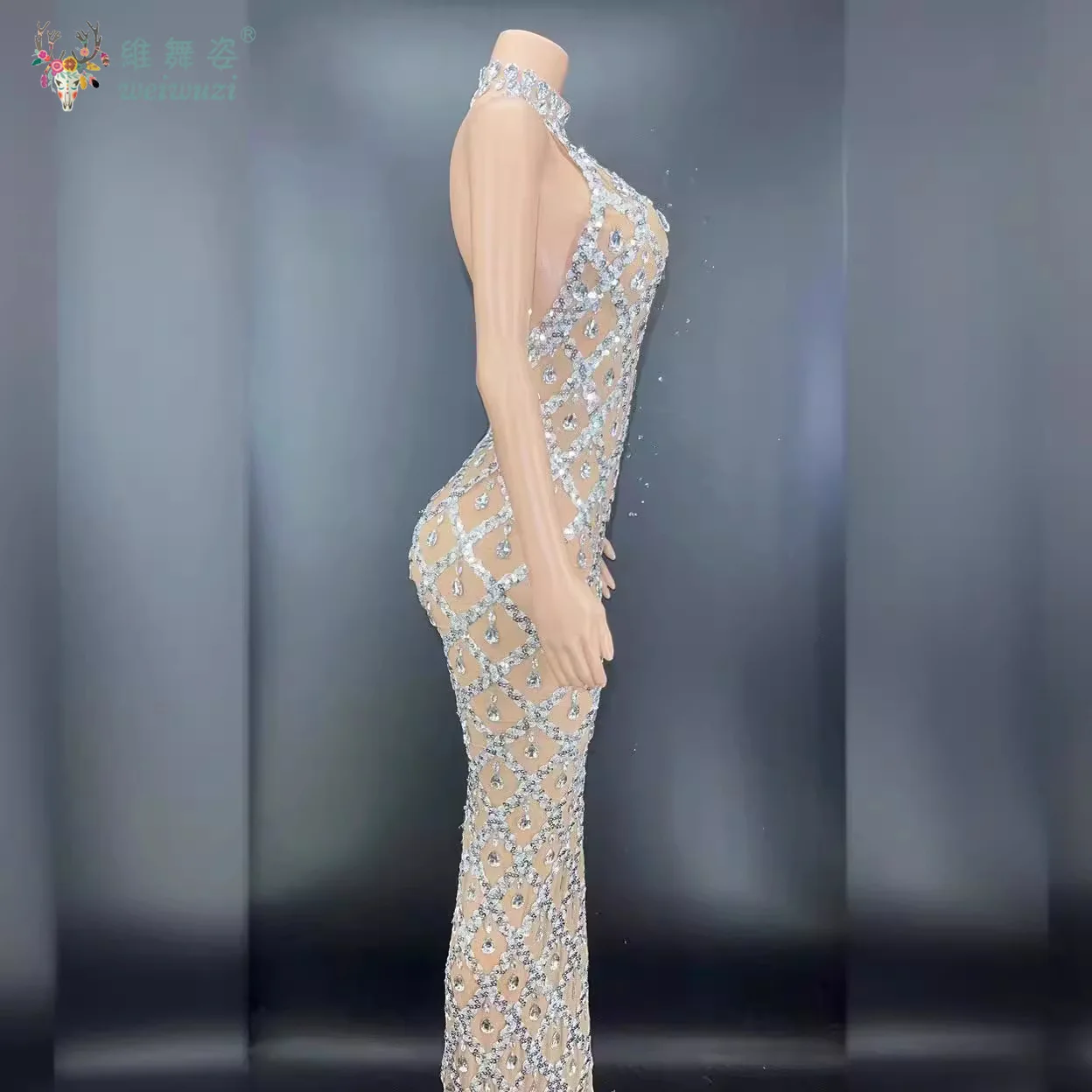 Luxus High-End Sexy Sparkling Diamante High Neck Perspektive Mesh Kleider Mode Promi Abend Cocktail Party Abendkleid