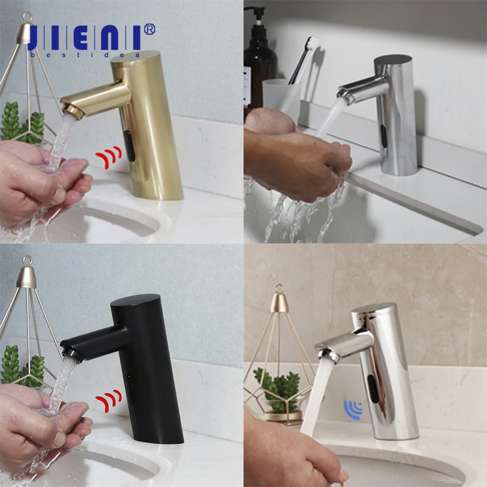 

JIENI Smart Bathroom Basin Faucet Brushed Gold Vessel Sink Sensor Faucets Modern Minimalist Deck Mounted Hot Cold Mixer Taps