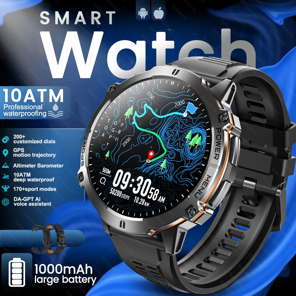 

Новые уличные мужские и взрослые водонепроницаемые умные часы 10 АТМ, аккумулятор 1000 мАч, GPS-высотомер, 170 + спортивный режим, BT, умные часы с беспроводным вызовом