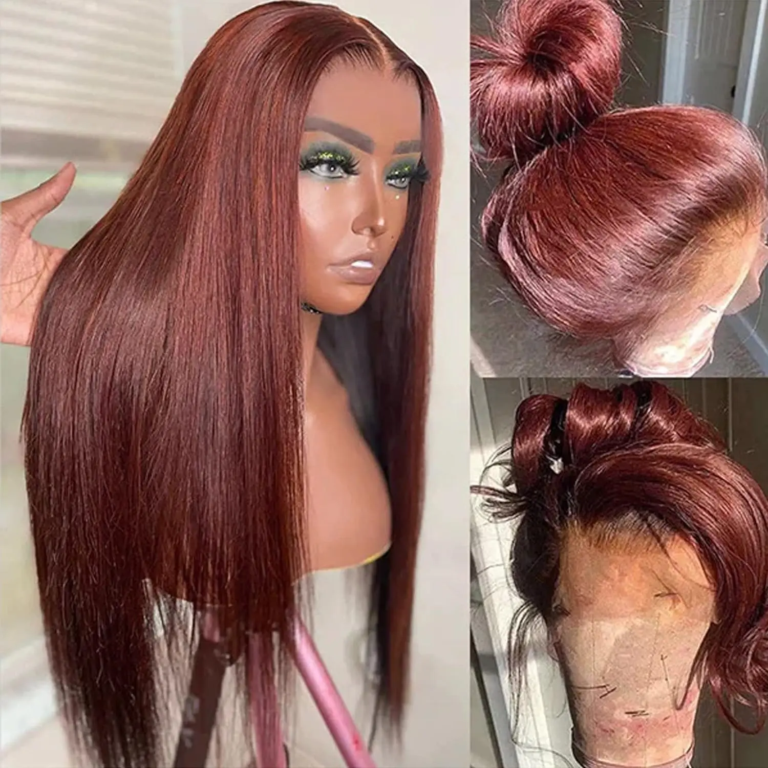 Reddish Brown Colored Straight Lace Front Wigs Human Hair Pre Plucked 13x4 Lace Frontal Wig Red Brown Bleached Human Hair Wig