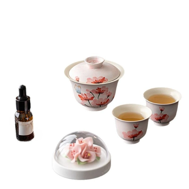

Hand-painted tea set gift box set, free girlfriend wedding pink tea bowl housewarming new home