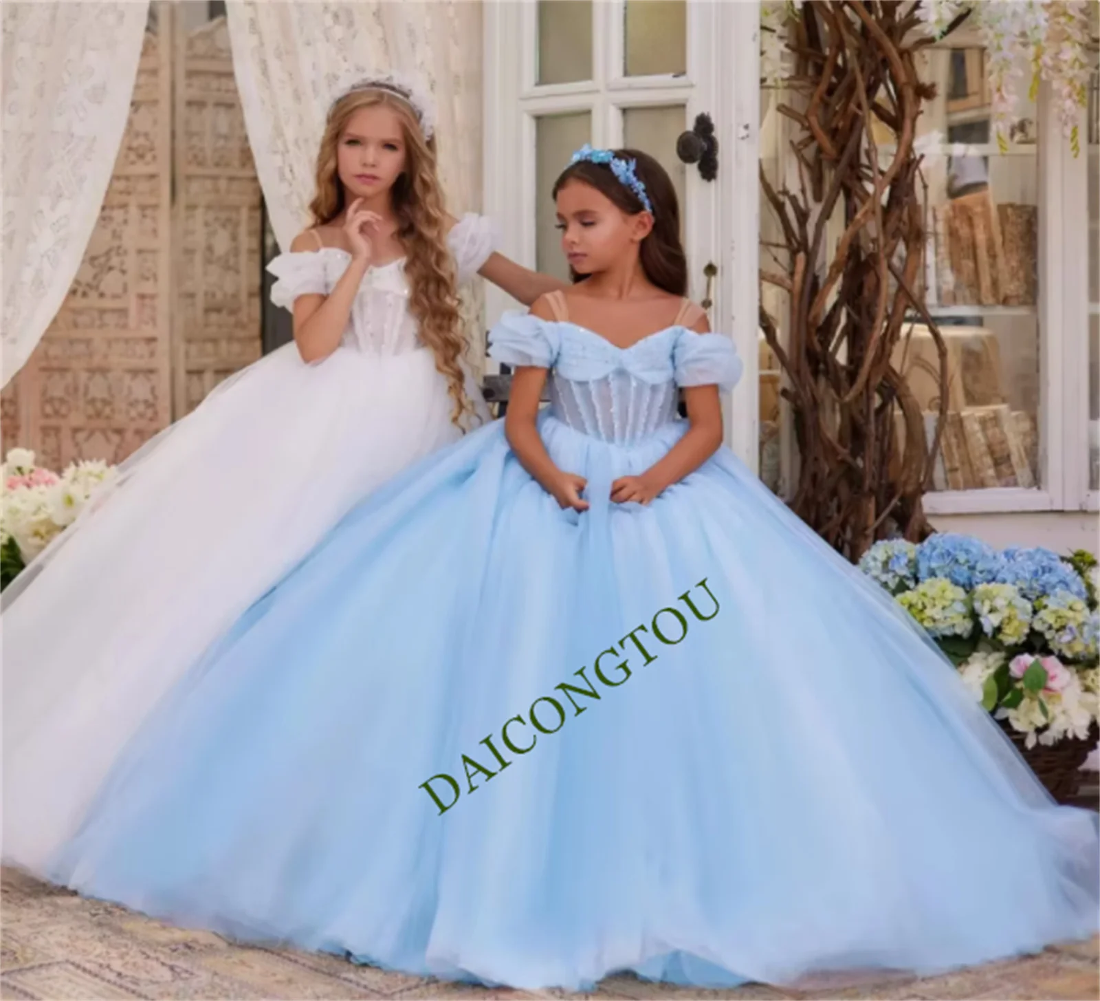 

CustomizedLight Blue Flower Girl Dresses Elegant Princess Ball Gown For Kids Birthday Party First Communion Dress