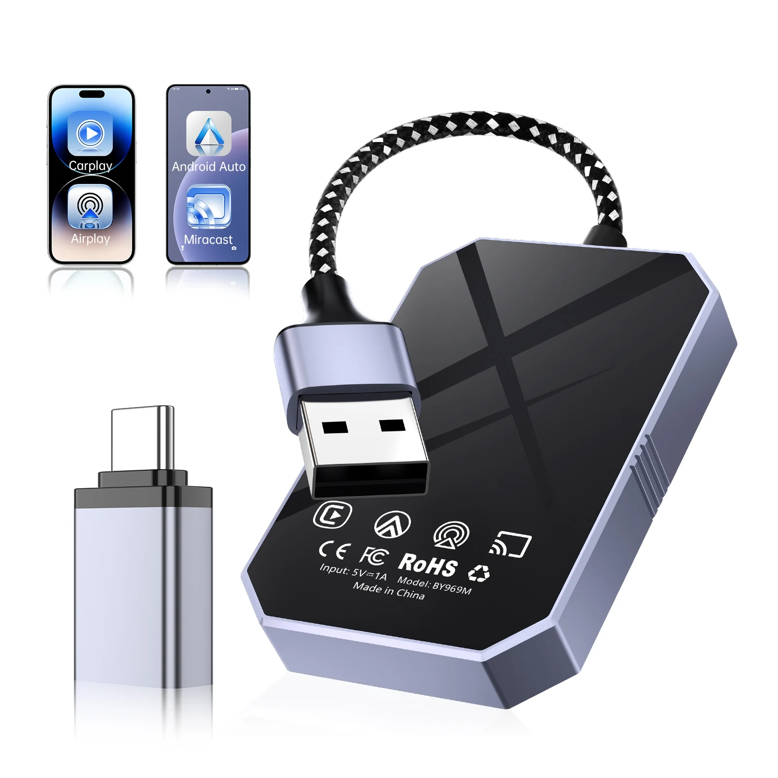 Adapter bezprzewodowy 4 w 1 do samochodu Smart Box CarPlay Android Auto z funkcją Airplay i mirroringu ekranu Miracast dla VW, Audi i Benz