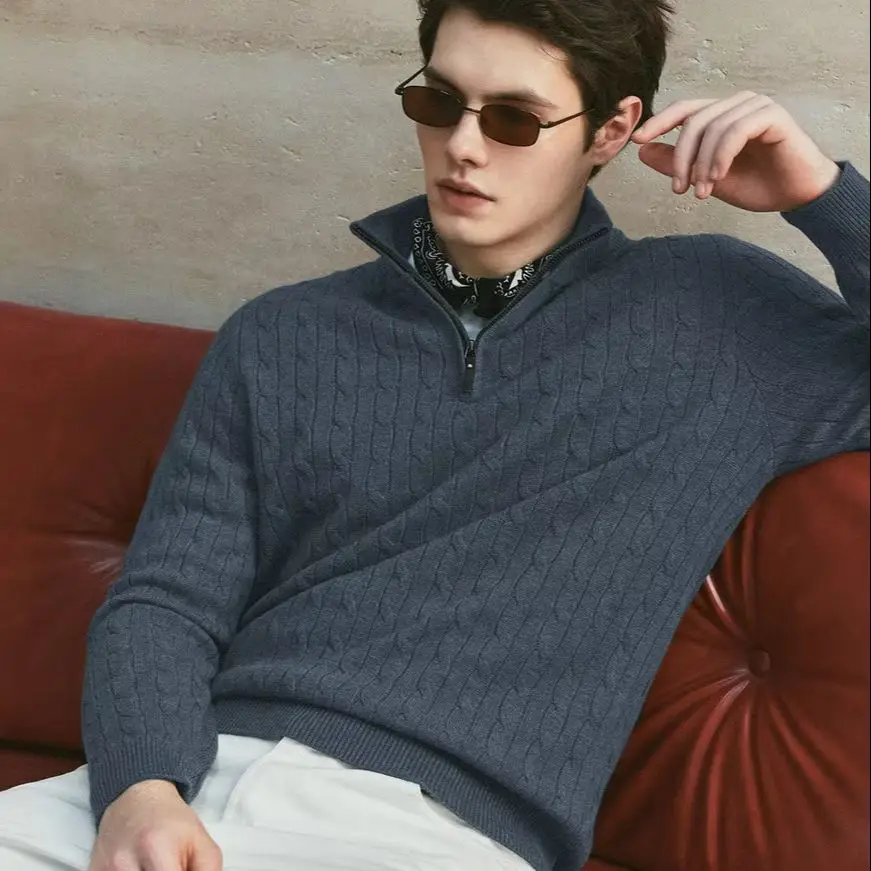 Autumn and winter new 100% pure cashmere semi-zipper stand-up cashmere sweater men's twisted pattern sweater