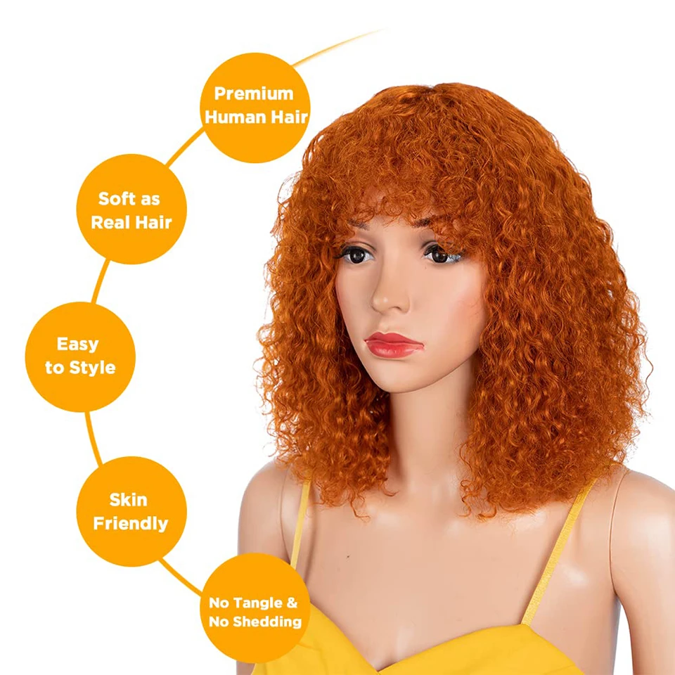 Pelucas de cabello humano Remy con flequillo para mujeres negras, pelo corto rizado con corte Bob Pixie Jerry, color rubio miel, naranja, sin encaje