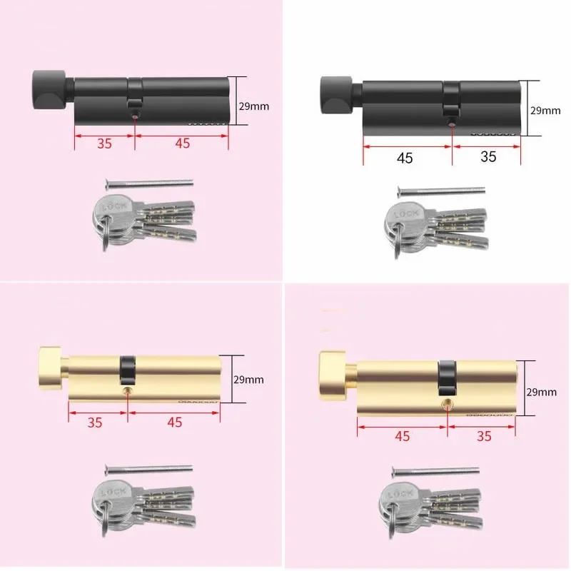 ノブ付き非対称ロックシリンダー,3つのキー,長さ29mm,屋内木製ドア,80mm,黒と金