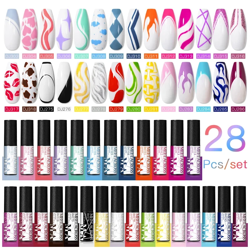MEET ACROSS 28Pcs/Set Colorful Line Gel Nail Polish Glow In Dark Nail Art Liner UV Gel DIY Painting Drawing Varnish For Nails