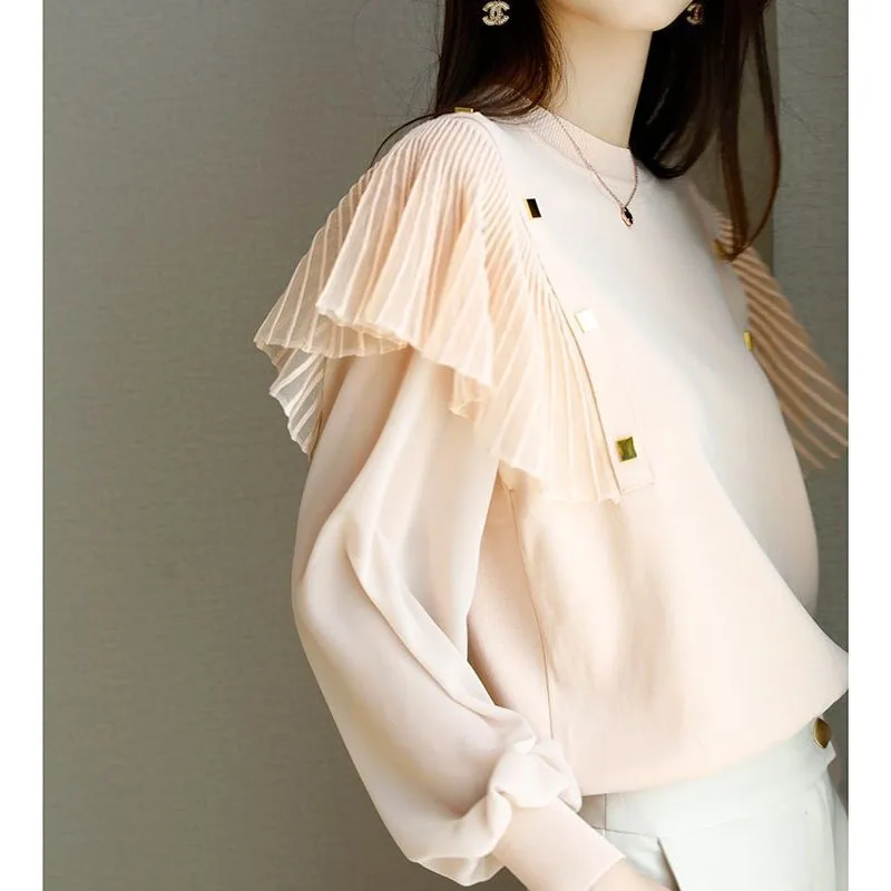 Elegant Korean Ruffles Spliced Round Neck Tops Women\'s Clothing Fashion All-match Long Sleeve Solid Color T-shirt for Female