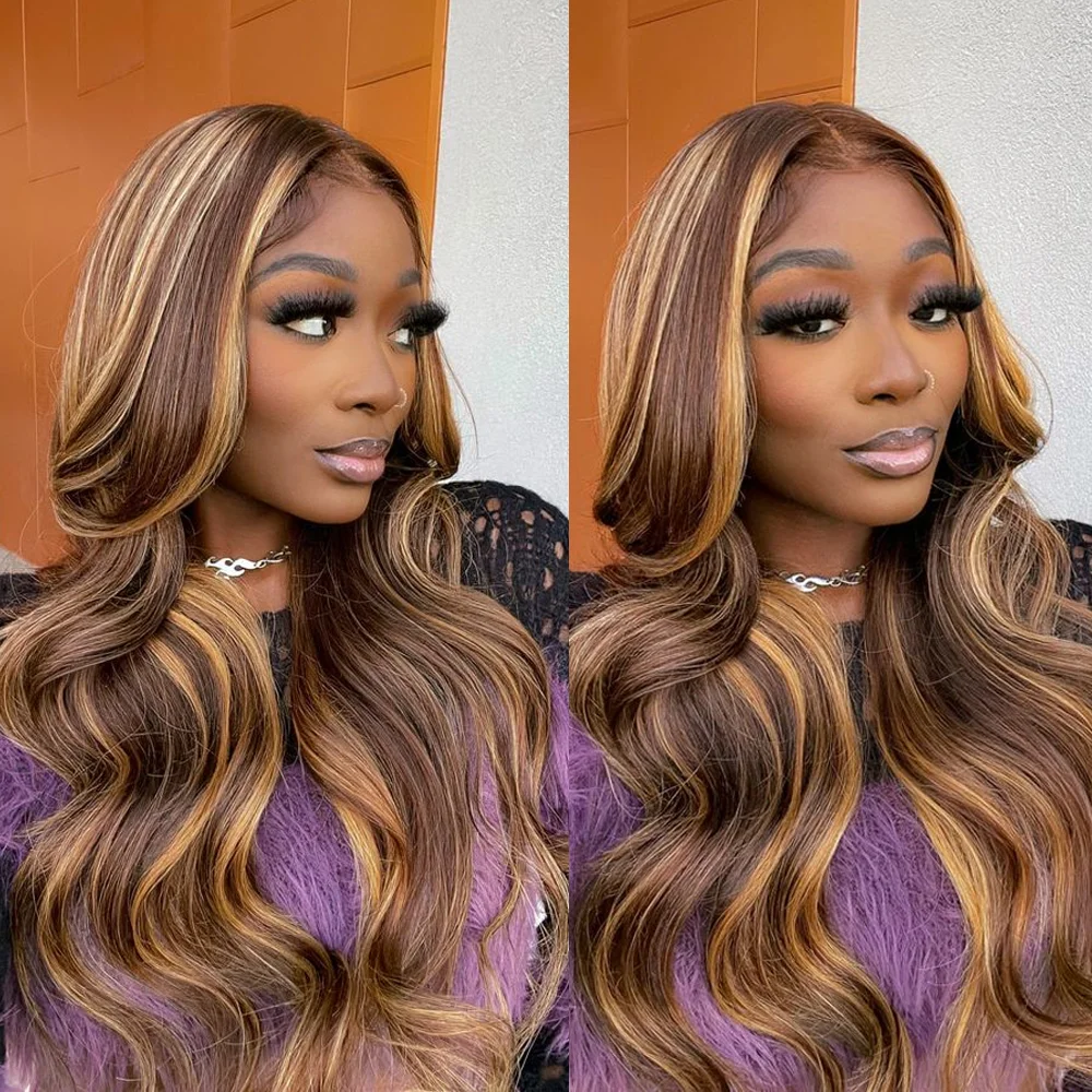 Perruque Lace Front Wig Body Wave Brésilienne Naturelle à Reflets, Cheveux Humains, 13x6, Transparent HD, 180 de Densité, pour Femme Africaine