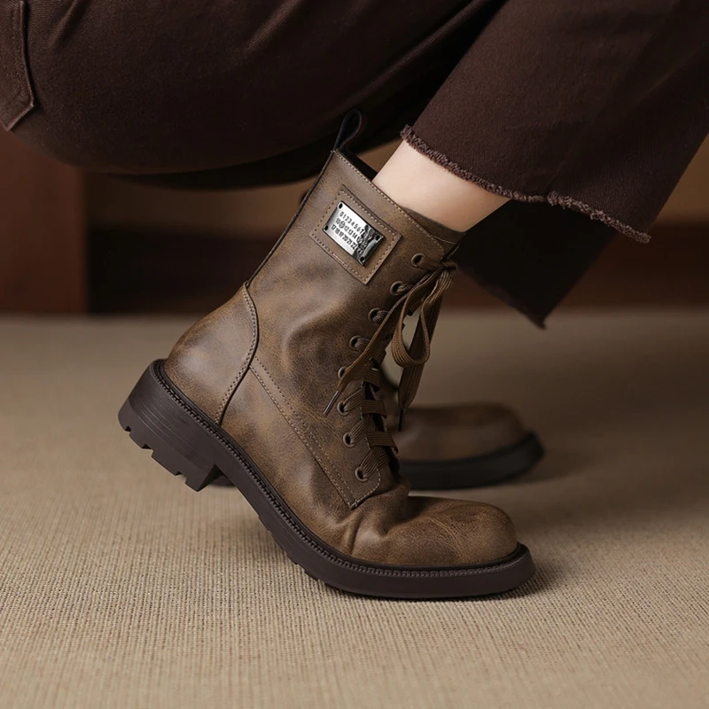 

Women's new leather cowhide round toe retro mid heel handmade plus size lace up zipper and calf short boots fashion boots