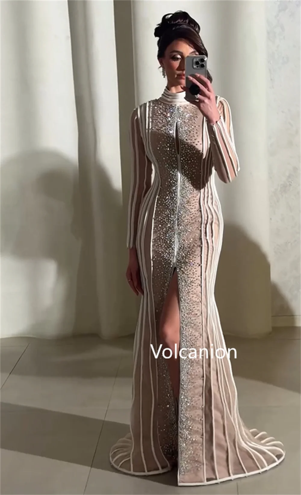 Customized Elegant Pleat Sequined Pattern Trumpet High Collar Long Dresses Bespoke Occasion Party High Quality Formal image 3