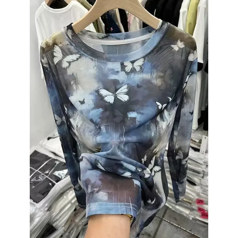 Sfumato Retro-Mesh-Druck, Sonnenschutz, langärmeliges T-Shirt für Damen, 2025, neue Tüllbluse, geschichteter Pullover