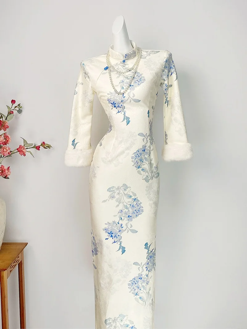 

White Fce Lined Thi Long Sve Young Sle Traditional Chinese Costume Warm Daily Wear Polyester Fabric Long ...