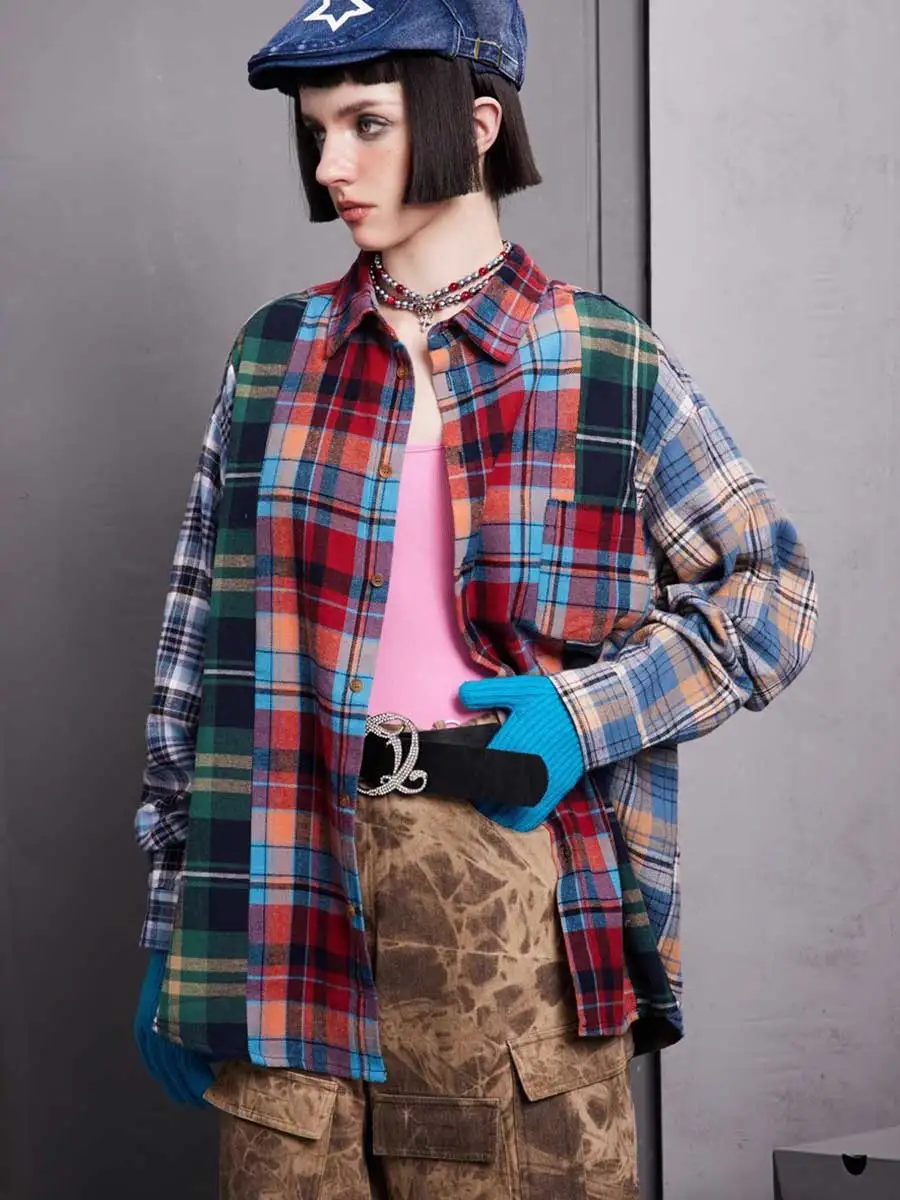 REDDACHiC Women Rainbow Plaid Blouse Top Patchwork Long Sleeves Shirt Pocket Y2k Vintage Scotland Loose Casual Cardigan Jacket