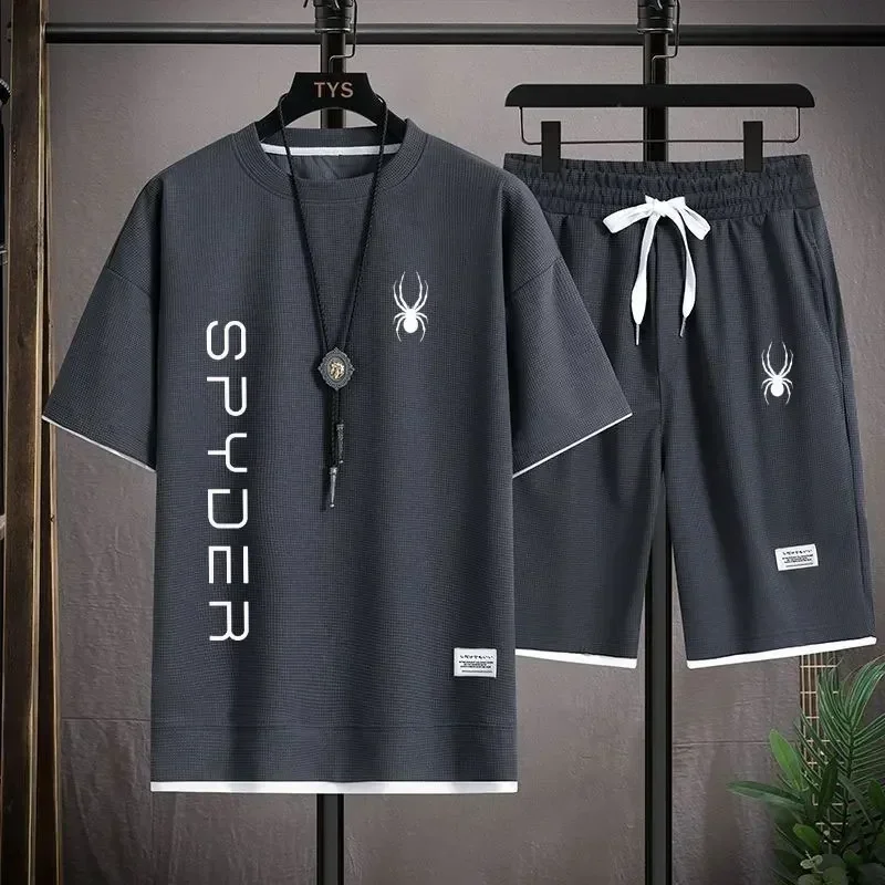 SPYDER-camiseta de manga curta masculina e shorts esportivos, traje de treino coreano, roupas casuais, conjuntos de corredores, terno de 2 peças, verão