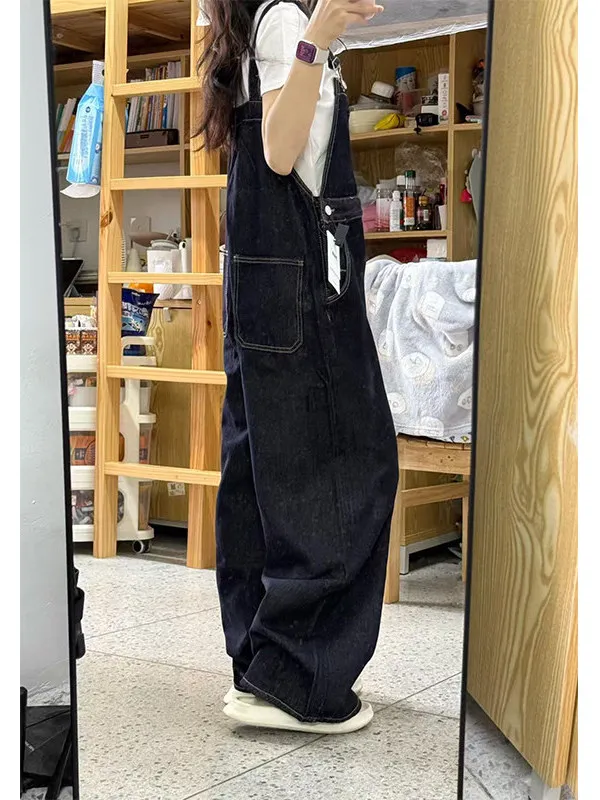 American Style Retro Denim Overalls Women's Spring Summer New Loose Fitting Floor Length  Pants High Waist Wide Leg