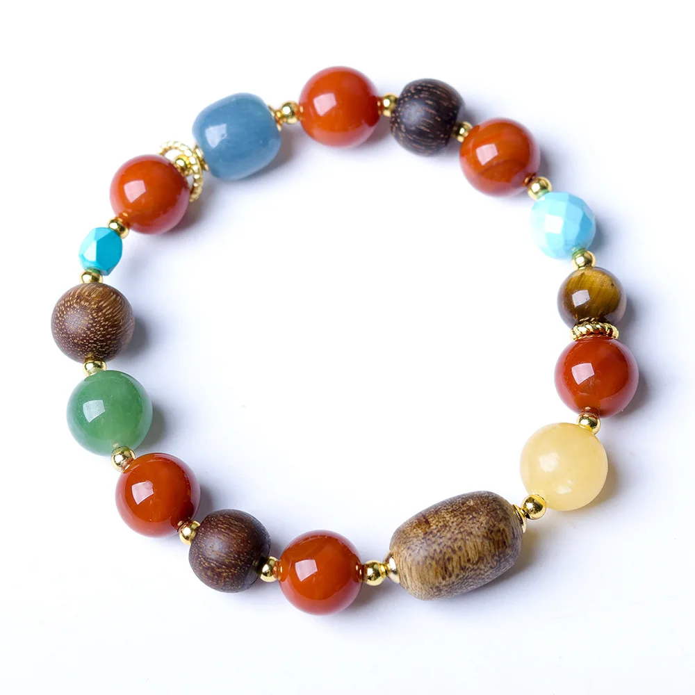 Red Agate Tiger Eye Stone Mixed Beads Bracelet Wooden Accented Chinese Style Women's Bracelet Gifts