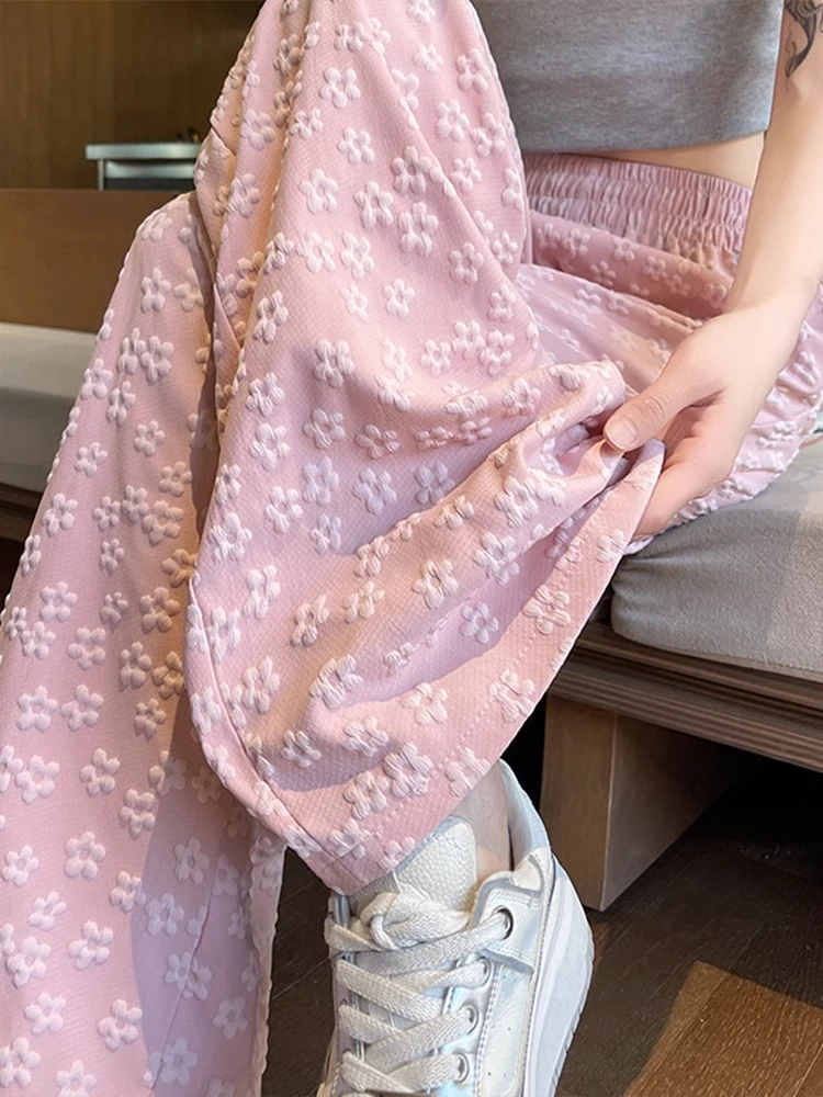 

Розовые брюки с цветочным принтом, широкие, женские, летние, тонкие, с высокой талией, драпированные, прямые, повседневные, в корейском стиле, свободного кроя, укороченные (7/8)