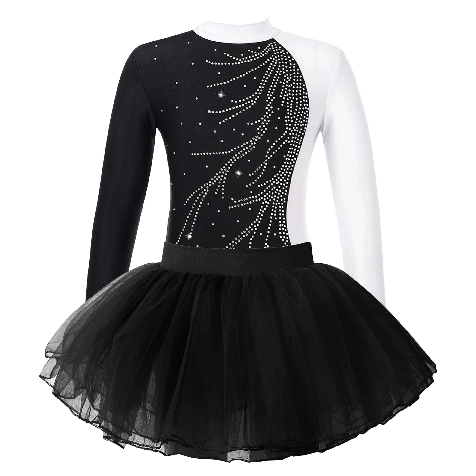 Kids Girls Long Sleeve Tutu Ballet Dance Outfit Leotard with Skirt Child Skating Gymnastics Jumpsuit Stage Performance Dancewear