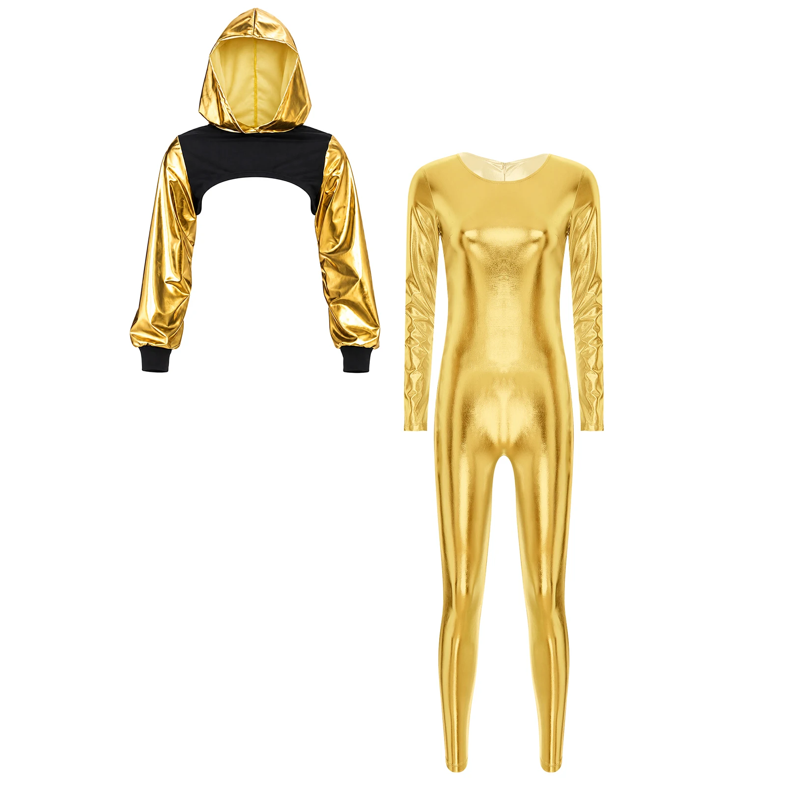 Womens Long Sleeve Slim Fit Full Body Metallic Jumpsuit Romper with Cropped Hoodie for Party Festival Stage Performance Show