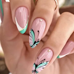 24Pcs/Set Butterfly French Drops Wearing False Nails Removable Fake Nails Green and White Mix Match Adhesive Press on Nail Art