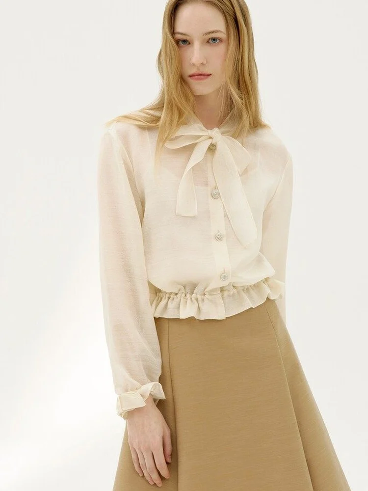 

Элегантная модная свободная шелковая блузка для женщин, премиум-бренд, приталенная, с завязками, из хлопка, с длинным рукавом, для повседневной носки