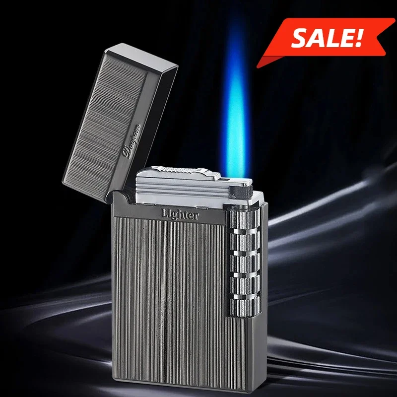 2024 Mini Classic Steel Tone Rumble Straight Metal Lighter Men\'s Gift Blue Flame Flint Lighter Smoking Accessories