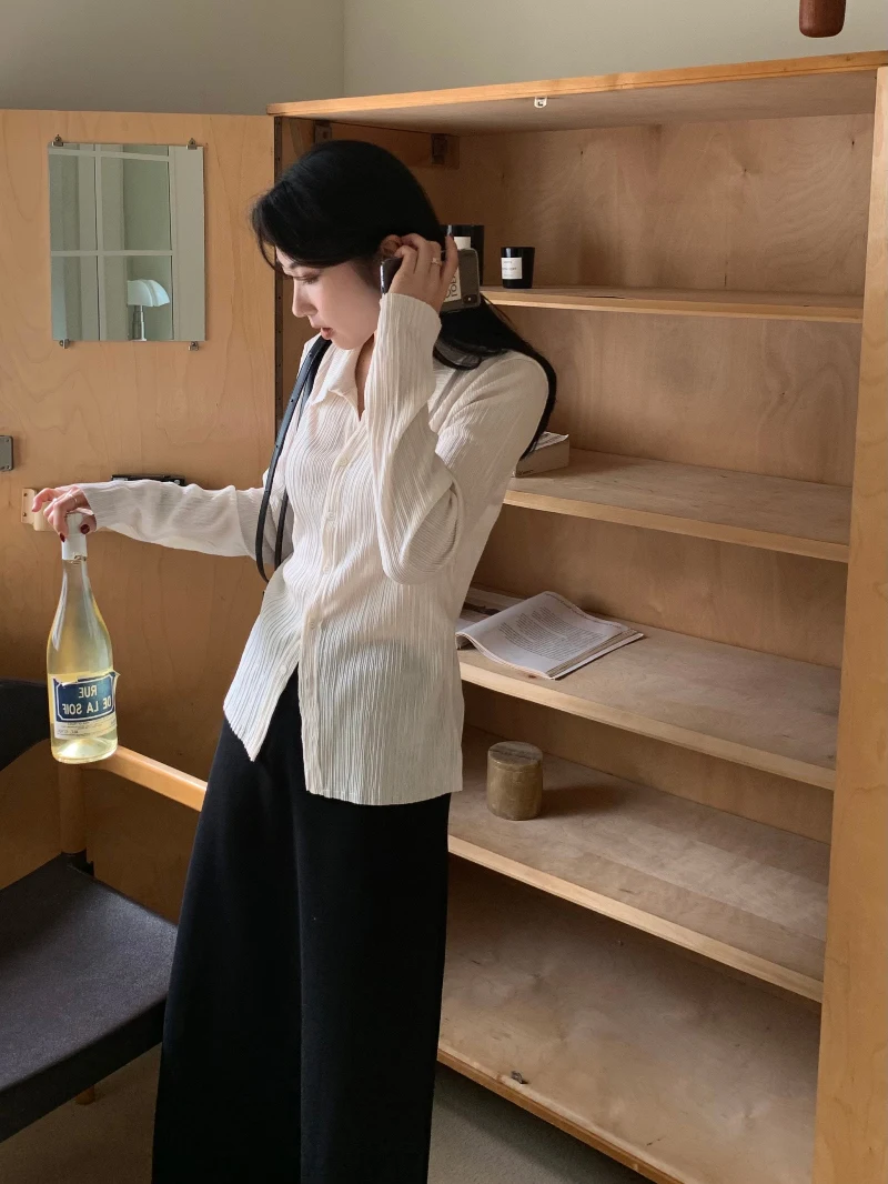 

Notch Collar Ribbed Knit Shirt - Slim Fit Textured Long Sleeve Blouse