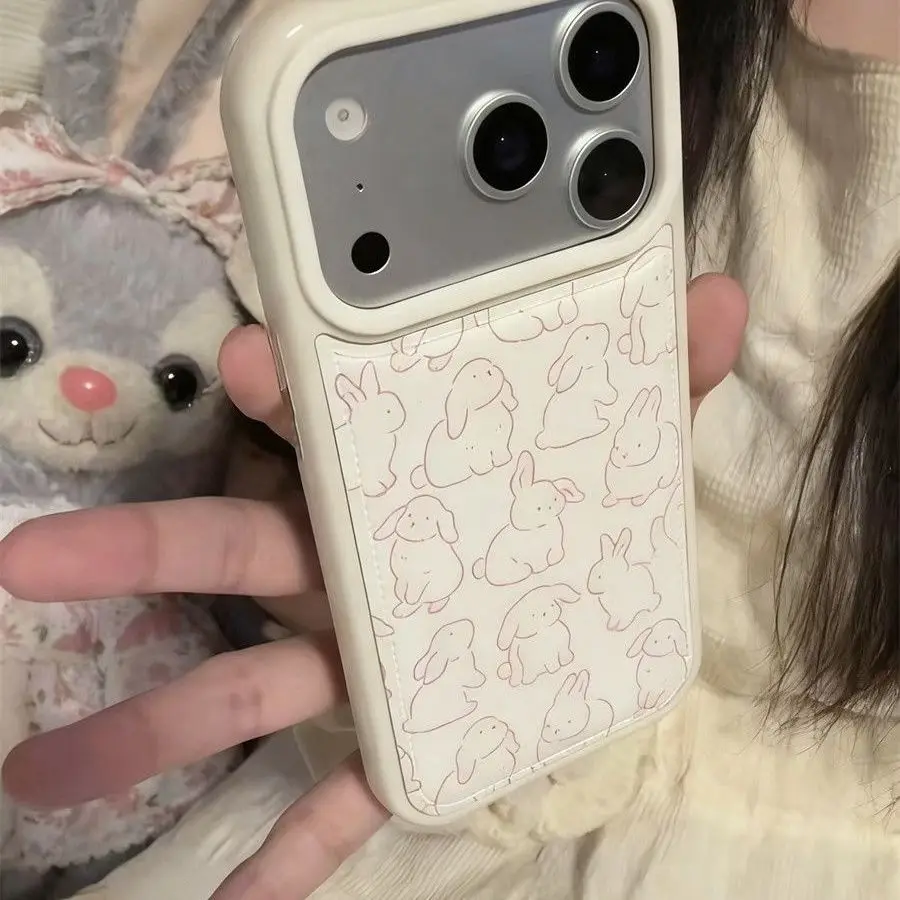 Korean Cartoon Rabbit With Pink Teddy Bear Phone Case For iPhone 17 AIR 16 15 14 13 12 11 PRO MAX PLUS Anti Drop Dustproof Cover