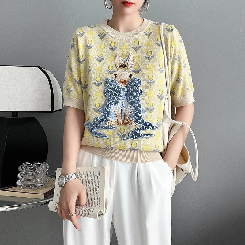 New Summer Women Knitted Sweater European Style Cartoon Pattern Fashion Jacquard Round Neck Short Sleeve Casual Jumpers Knitwear