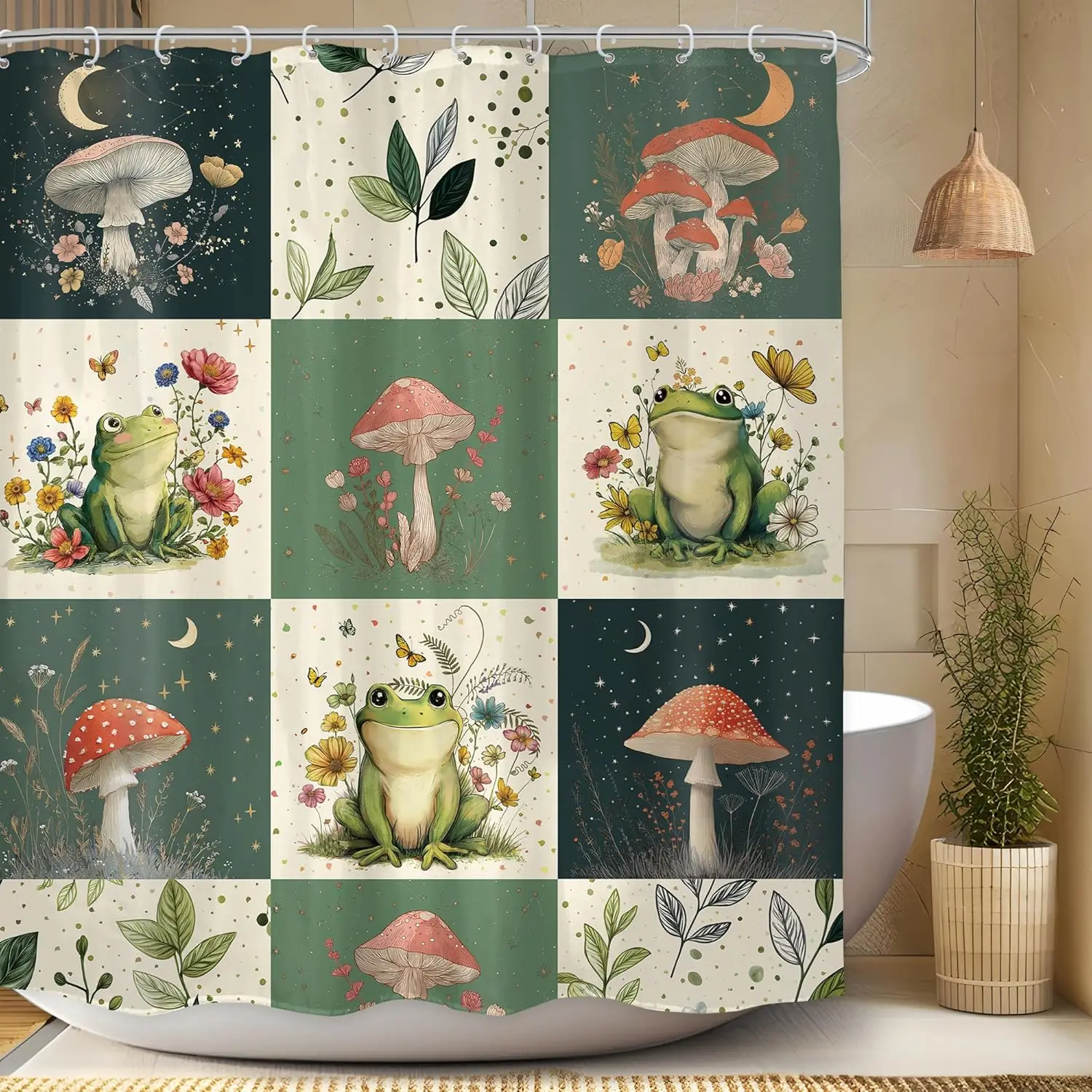 

Whimsical Forest Frog Shower Curtain Mushroom Flowers Leaves Grid Pattern Cute Animal Art Waterproof Bath Linen Home Fashion