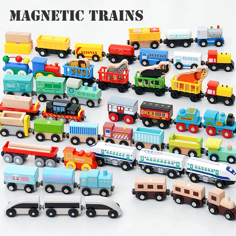 Wooden Magnetic Train Car Locomotive Ambulance Fire Truck Wood Railway Accessories fit for Brand Wooden Tracks Toy For Kids