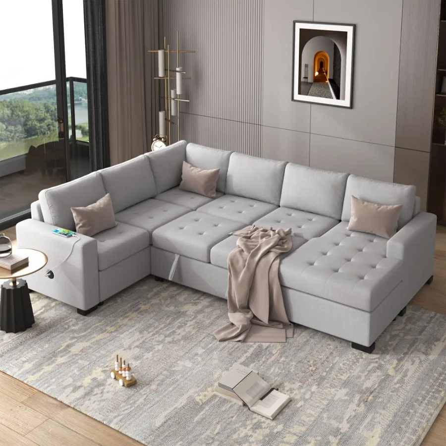 

U_Style Sectional Sleeper Sofa with Pullout Bed and Lounge Chair USB and TypeC Interfaces Suitable for Living Room Office and S