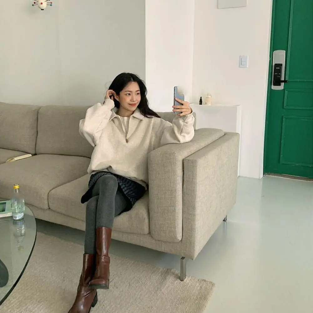 Top informal de manga larga con cuello medio alto para mujer, Top holgado con cremallera, Sudadera con capucha de otoño, ropa coreana, sudaderas para vacaciones