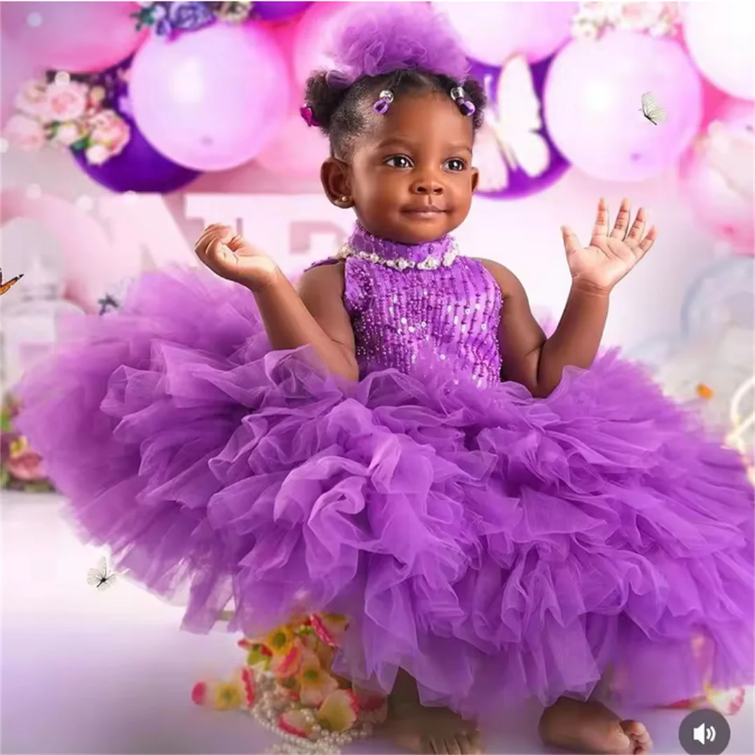 فساتين حفلات أعياد الميلاد للأطفال مطرزة بالخرز الأرجواني مخصصة برقبة عالية فساتين فتاة الزهور لحفلات الزفاف وحفلات التخرج لالتقاط الصور #1