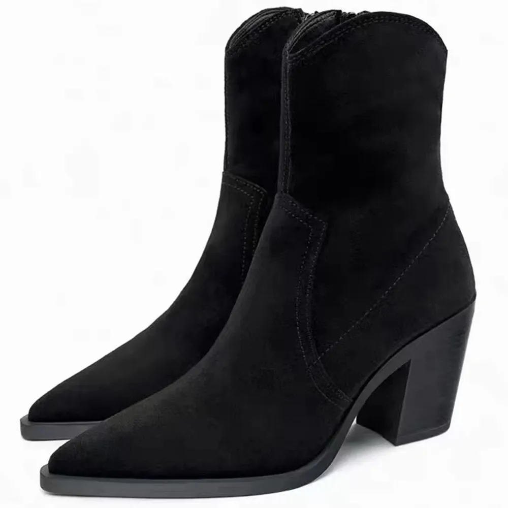 

Autumn Winter Women Ankle Boots for Woman's Pointed Toe Crude Heels Retro Fashion Short Botas Mujer 2025 Zipper Warm Shoes