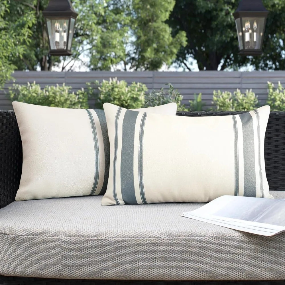 2팩 야외 방수 장식용 베개 커버, 12x20인치 리넨 기하학적 패턴 베개 커버 및 쿠션 커버