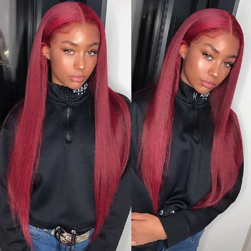 

99J Red Burgundy Colored HD Transparent Pre Plucked Lace Frontal Human Hair Wigs 13x4 Straight HD Lace Front Wig Human Hair Wigs
